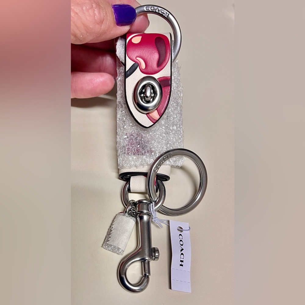 Coach Leather Bag Charm/valet turn lock/double Key Holder Cherry print NEWw/tags - Picture 9 of 9